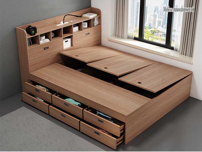 Двуспальная кровать татами с ящиками для хранения
